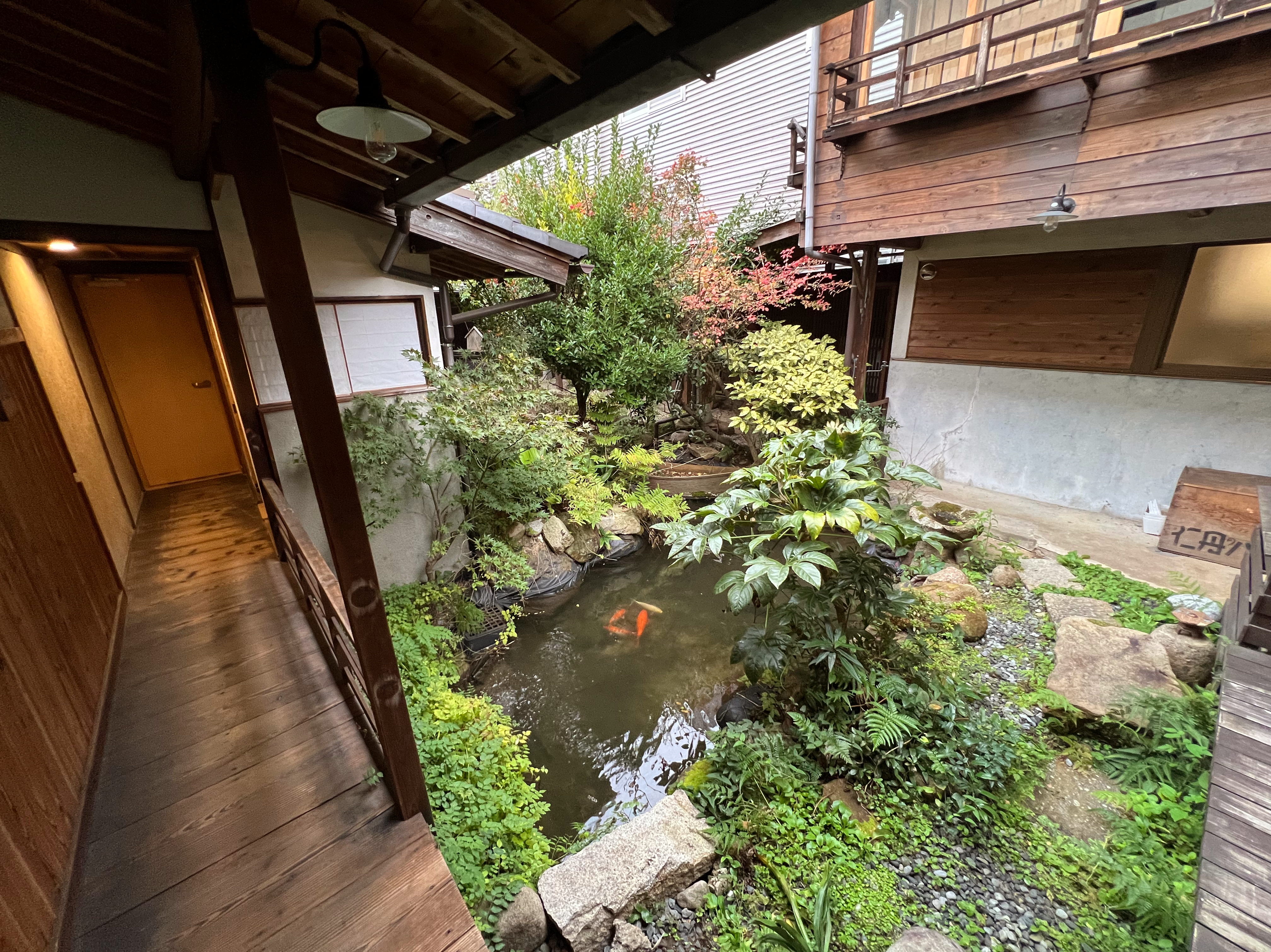 The inner courtyard of a traditional Japanese wooden house, with a koi pond and plants grown all around it