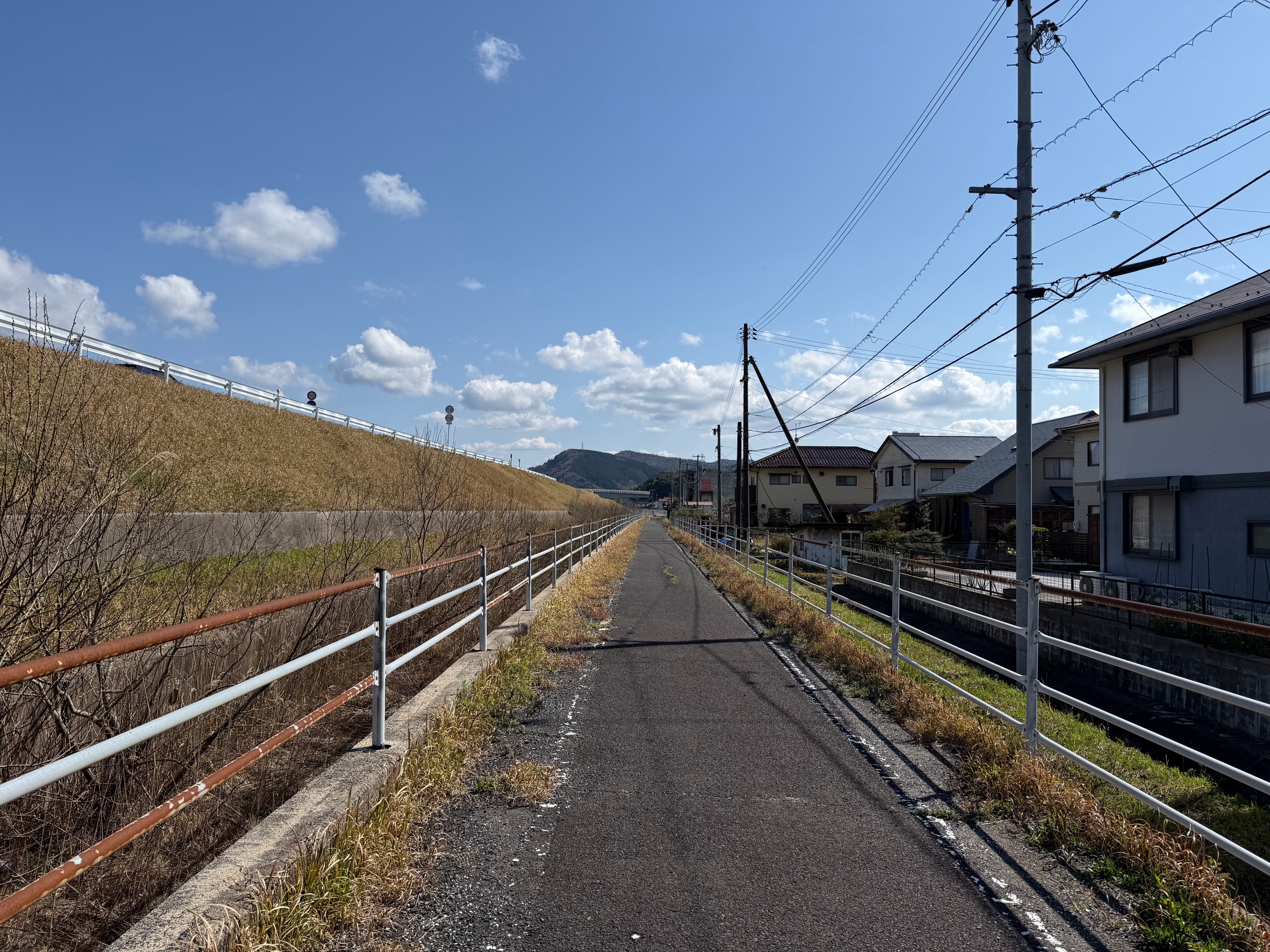 A straight asphalt path recedes into the distance, a grassy embankment on the left side, and houses on the right, under a sunny blue sky with a scattering of clouds